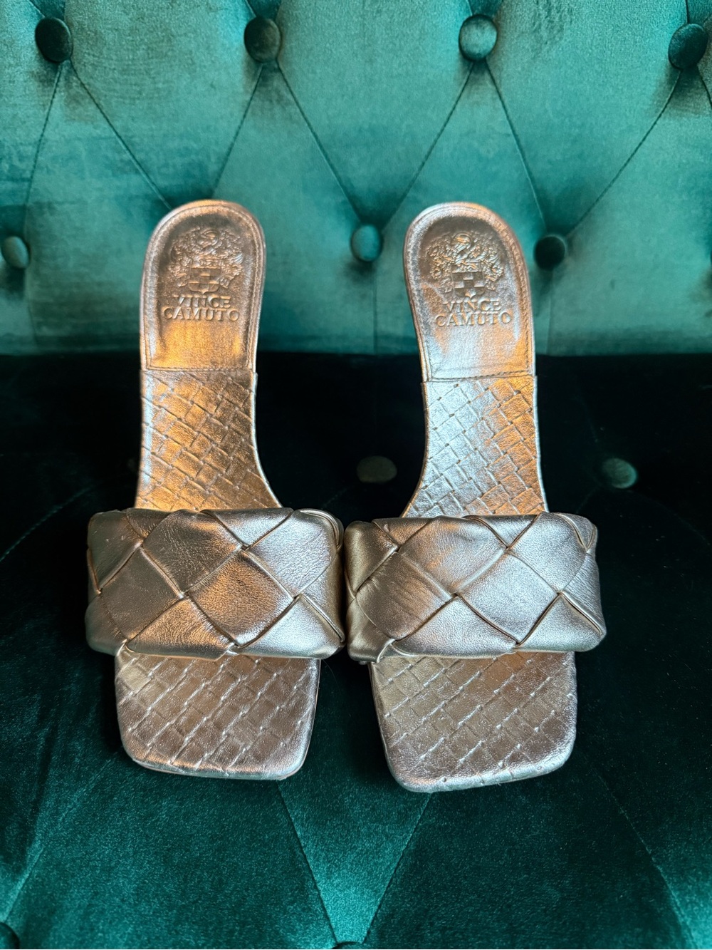 Vince Camuto Metallic Woven Mule Heels Size 9M NWOT Square Toe Statement Sandals